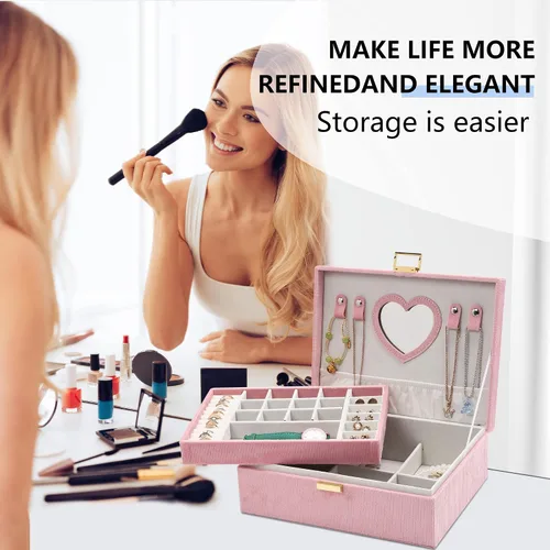 Miniatura 7 de Dajasan Cajas de joyería para mujeres y niñas, caja organizadora de joyas, organizador de joyas de terciopelo grande de 2 capas para anillos