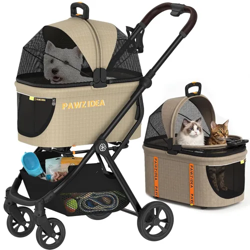 Miniatura 11 de PAWZIDEA Carriola de mascotas 4 en 1, Carriola de gatos con portaequipaje desmontable y dosel sin cremallera, jaula portátil para perros