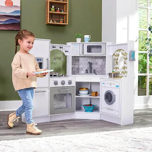 Miniatura 3 de KidKraft Ultimate - Cocina de madera de esquina con luces y sonidos, teléfono de juego y cortinas, blanco
