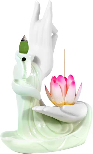 Soporte de incienso de reflujo de cultura budista, quemador de incienso en cascada, mano de Buda y colorido patrón de loto, adorno de aromaterapia,