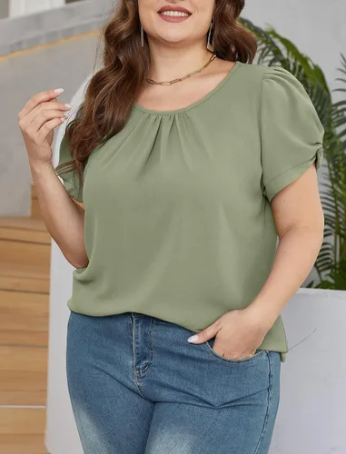 Miniatura 4 de Saloogoe Blusas de gasa para mujer, de manga corta, plisadas, cuello redondo, manga abombada