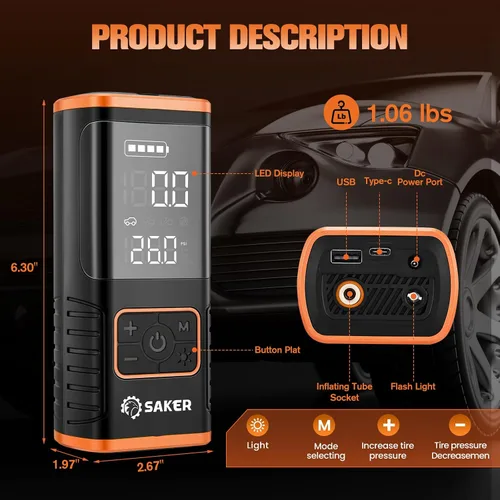 Miniatura 5 de Saker Compresor de aire portátil para inflador de neumáticos, bomba de aire de neumáticos de automóvil de 150 PSI con indicador de presión