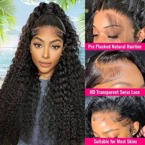 Miniatura 2 de Pelucas de cabello humano ondulado profundo con encaje frontal transparente HD de 13 x 6 pulgadas, pelucas de cabello humano de densidad 200