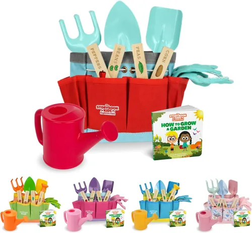 Miniatura 10 de Juego de jardinería para niños – El kit de jardinería para niños pequeños incluye regadera para niños, pala, rastrillo, estacas para plantas, Azul