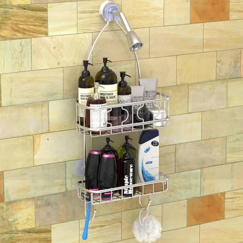 Miniatura 5 de Simple Houseware Organizador Colgante de Acero Inoxidable para Baño con Estante para Cabezal de Ducha (24 x 10.2 x 4.2 pulgadas)