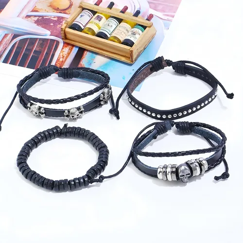 Miniatura 3 de Punk Skull Braided Leather Wrap Bracelet For Men Women Emo Goth Cuff Bracelet Set Adjustable Gothic Rock Jewelry
