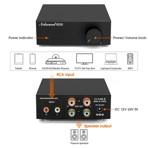 Miniatura 7 de Nobsound Mini amplificador estéreo de 2 canales: 60 W x 2 amplificador de alta fidelidad clase D con TPA3116 y adaptador de corriente de 19 V
