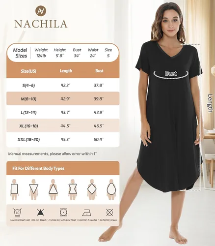 Miniatura 6 de NACHILA Camisones para mujer, viscosa hecha de bambú, cuello en V, manga corta, ropa de dormir fresca