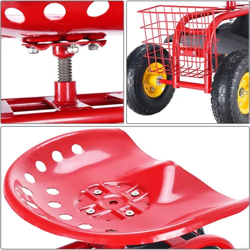 Miniatura 5 de Giantex Asiento de trabajo de jardín rodante, asiento de trabajo de jardinería giratorio 360 con ruedas, cesta de herramientas, altura ajustable
