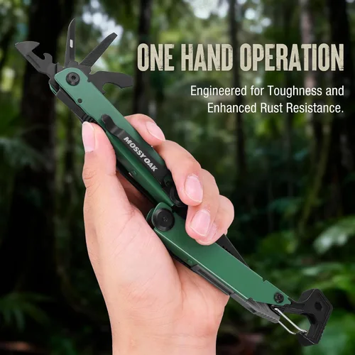 Miniatura 4 de MOSSY OAK Alicates Multiherramienta Mecanizados por CNC, Herramienta Múltiple 27-en-1 con Cuchillo de Bolsillo, Iniciador de Fuego y Silbato
