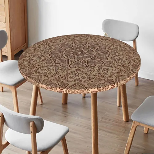 Miniatura 2 de Mantel redondo de mandala marrón, cocina, comedor o exterior, impermeable y lavable, mantel redondo con bordes elásticos, marrón castaño beige, se
