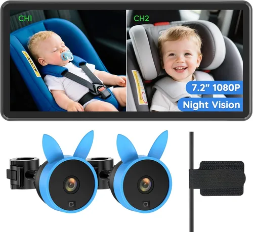 Babyvue BV3PRO Cámara Dual para Coche de Bebé para 2 Niños, Pantalla Dividida HD 1080P de 18.3 cm, Visión Nocturna IR Cristalina sin Distorsión, Azul