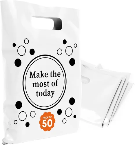 Miniatura 16 de Bolsas de plástico con asas – Bolsas de mercancía de 12 x 15 pulgadas para pequeñas empresas – Bolsas troqueladas para compras minoristas y Negro