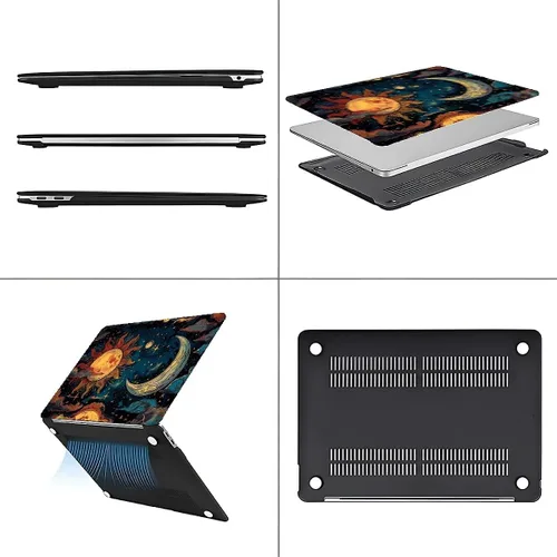 Miniatura 4 de para MacBook Air de 13 Pulgadas, Funda Negra con Patrón de Sol y Luna Brillando en Contraste Versión 2011-2017 de A1466/A1369 Carcasa Rígida