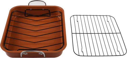 Miniatura 4 de KitCom Bandeja para Asar Antiadherente, Asador con Rejilla de Enfriamiento y Rejilla en V - Bandeja para Pavo y Lasaña Rectangular de 16 Pulgadas