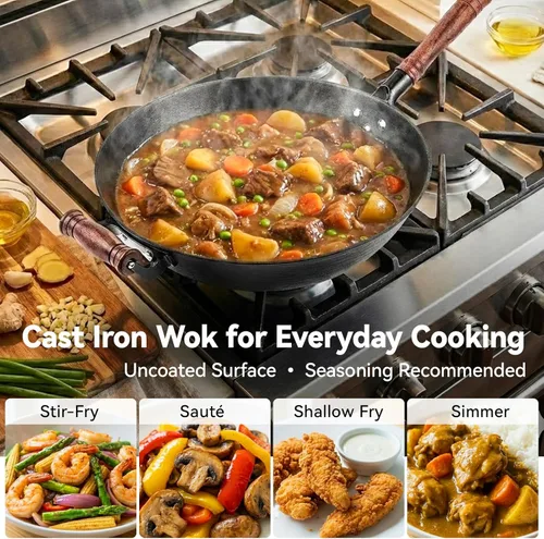 Miniatura 6 de WANGYUANJI Olla de hierro fundido, wok chino de 13.4 pulgadas, wok de hierro de fondo plano con tapa, sartén adecuada para inducción, eléctrica