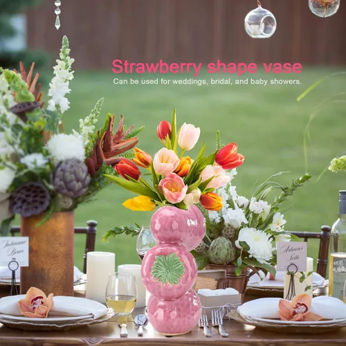 Miniatura 5 de Firlar Florero de cerámica con diseño de fresas para flores, decorativo, moderno, rosa, redondo, 4 x 3 x 8 pulgadas, boda, Navidad, regalo del día