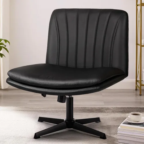 PUKAMI Silla de Oficina con Patas Cruzadas, Silla de Escritorio de Oficina sin Brazos sin Ruedas, Cuero PU Tocador Giratorio Moderno, Asiento Ancho