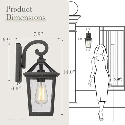 Miniatura 6 de zeyu ZX58B BK - Lámpara de porche frontal para exteriores, lámpara de pared exterior de 14 pulgadas para jardín de casa, aluminio fundido con vidrio