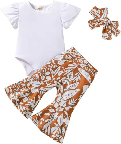 Conjunto de dos piezas para bebé niña pequeña, manga corta con volantes, color liso, parte inferior con estampado de campana, pantalones con diademas