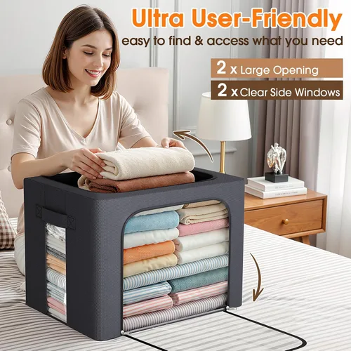 Miniatura 5 de Paquete de 3 contenedores de almacenamiento de ropa con marco de metal, bolsas de almacenamiento de tela de 40 litros con ventana transparente