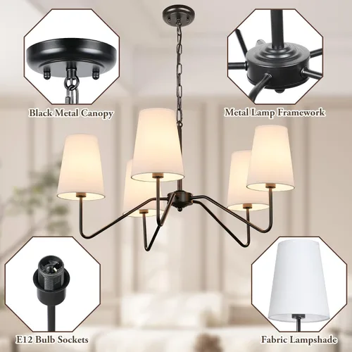 Miniatura 6 de Candelabro moderno de 5 luces de 30 pulgadas con pantallas blancas, lámpara colgante clásica para comedor, lámpara negra con base E12 lámpara