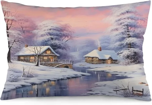 Miniatura 9 de Funda de almohada con escena de pueblo navideño con niños, fundas de almohada de 12 x 20 pulgadas, almohadas decorativas de Navidad para sofá, funda