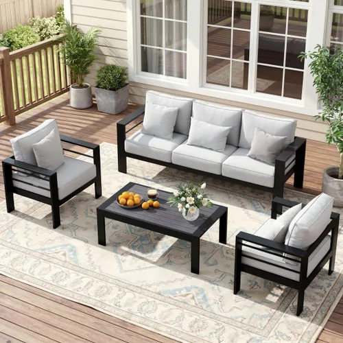 Miniatura 20 de Solaste Juego de muebles de patio de aluminio para todo tipo de clima, moderno juego de muebles de metal para exteriores con asientos profundos