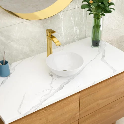 Miniatura 2 de Lordear 13x13 Fregadero Pequeño Redondo de Baño Moderno en Blanco, Fregadero de Cerámica de Porcelana Blanca sobre Encimera, Fregadero de Arte