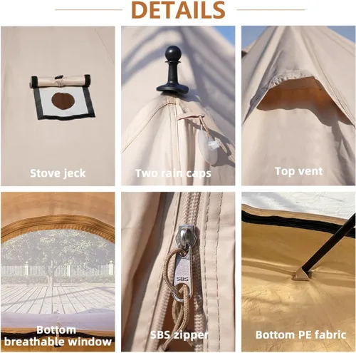 Miniatura 6 de Tienda de campaña Bell Yurt con gato de estufa, tienda de campaña de lujo impermeable para 4 estaciones, tela Oxford 420D, tiendas de campaña verde