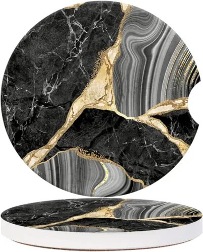 Portavasos para automóvil, posavasos de cerámica con estampado abstracto de mármol negro, antideslizante, con agarre para la punta del dedo,
