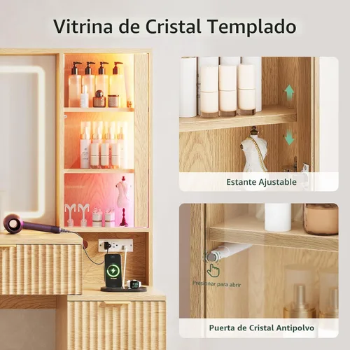 Miniatura 8 de HAUOMS Big Vanity, escritorio de maquillaje de madera estriada con espejo y luces LED de sincronización de sonido, tocador grande, 8 cajones, Roble