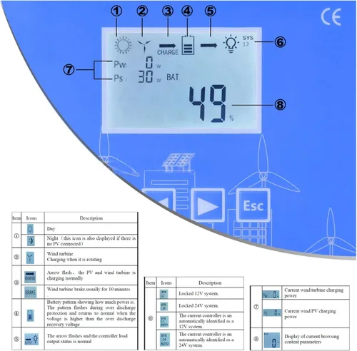 Miniatura 3 de Controlador híbrido solar de viento MPPT de 12 V/24 V, controlador de carga de energía LCD de 200 W-600 W con carga de volcado, generador de turbina