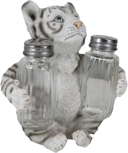 Miniatura 5 de Ebros Gift Selva tropical selva tropical Albino Blanco Bengala Tiger Cub Hugging Salero y Pimentero Estatua Depredador Tigres del Bosque Gatos