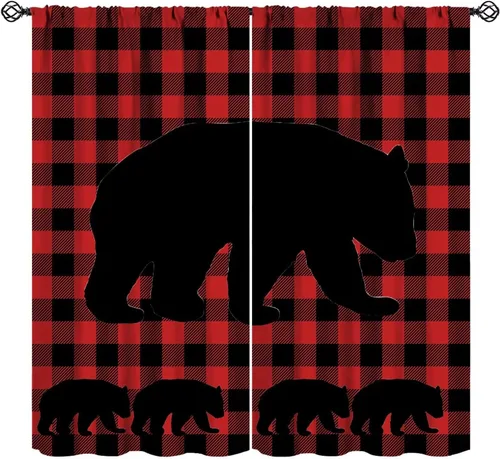 Cortinas opacas de oso a cuadros, rústico, rojo y negro, diseño de oso a cuadros, estilo vintage, granja, vida silvestre, impresión artística para