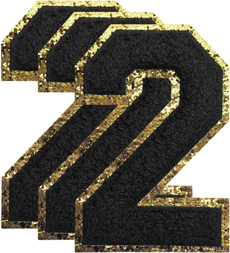 Miniatura 17 de 3 parches de números de chenilla negra, tamaño grande de 4-1/2" parches de números para planchar, parches universitarios para ropa, 8" Borde oro rosa