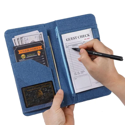 Miniatura 7 de Libro de mesero, libro de mezclilla para Watiress con cara sonriente esponjosa, bordado de felpa con diseño de flor de dólar