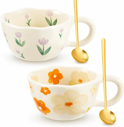 Vesici 2 tazas de café de cerámica con cuchara, tazas de primavera florales vintage con asa, juego de tazas de té de porcelana con flores estéticas