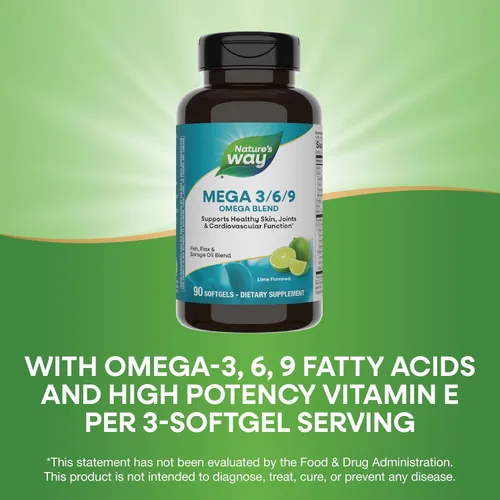 Miniatura 4 de Nature's Way MEGA 3/6/9 Omega Blend, sin OMG, pescado Lino Borraja Aceites, sabor a lima, 90