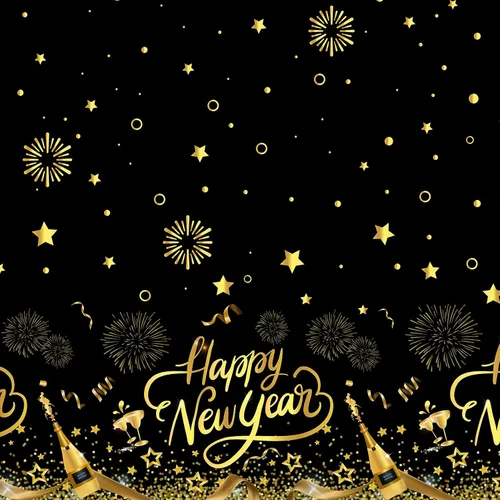 Miniatura 4 de HOWAF Paquete de 3 manteles de decoración de fiesta de Año Nuevo, mantel de feliz año nuevo negro y dorado para suministros de fiesta de Noticias