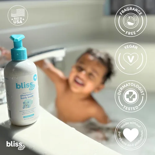 Miniatura 3 de Bliss Champú para bebés y gel de baño, 2 en 1 de primera calidad para bebés, niños pequeños y niños, sin perfume e hipoalergénico - Jabón suave