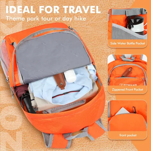 Miniatura 4 de ZOMAKE Mochila plegable ligera 30L, mochilas plegables para senderismo, mochila plegable compacta resistente al agua para viajes Naranja