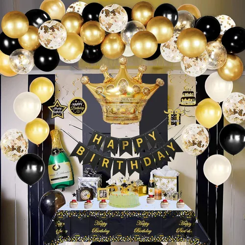 Miniatura 5 de Decoraciones de cumpleaños en negro y dorado para hombres y mujeres, decoraciones de fiesta en negro y dorado incluyen corona, remolinos colgantes