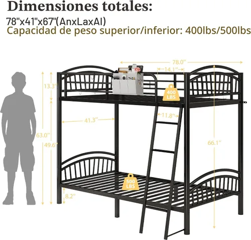 Miniatura 7 de Decofy Litera de metal individual sobre individual, literas industriales resistentes para adultos y adolescentes con mesita de noche, escalera