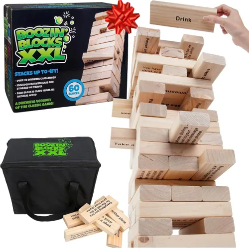 Miniatura 9 de Juego de tragos torre apilable gigante (Se apila hasta 4 pies) - 60 bloques de madera con instrucciones de bebida (¡solo para mayores de 21 años!)