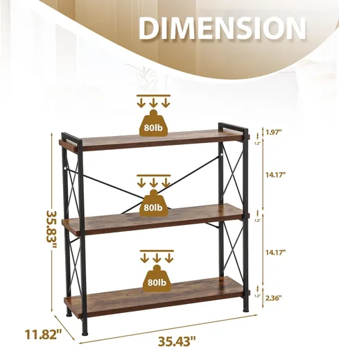Miniatura 3 de Estantería de 3 niveles, estantería corta abierta de 3 estantes, estantes rústicos con marco de metal, estante industrial para dormitorio, hogar