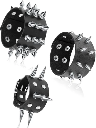 Hicarer Pulsera punk de cuero de 3 piezas para hombres y mujeres, pulsera de los años 80, pulsera gótica punk rock, brazalete unisex para fiesta de