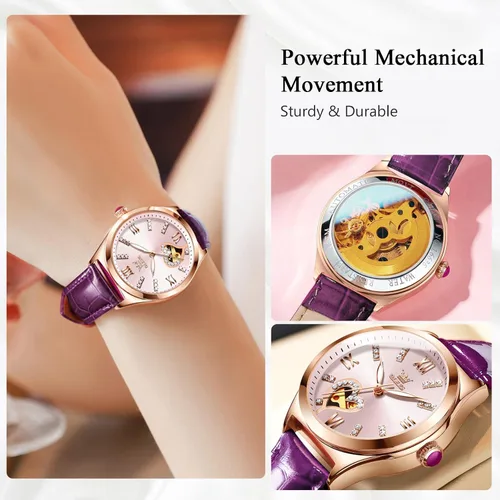 Miniatura 3 de RORIOS Reloj mecánico automático para mujer, reloj automático con correa de piel, luminoso, para mujer