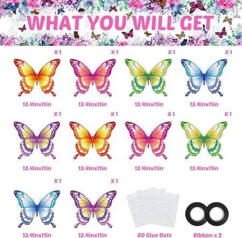Miniatura 2 de Cartel de decoración de fiesta de cumpleaños de mariposa, suministros de fiesta de mariposa para interiores y exteriores, cartel de telón de fondo