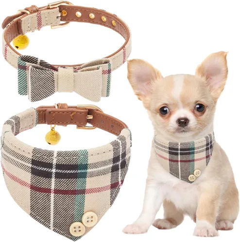 Miniatura 18 de EXPAWLORER Juego de collar y correa para perro - Corbata de moño clásica a cuadros para perro y collar bandana para perro con campana, correa